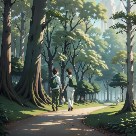 anime, garota, Floresta, mochila,From afar a girl kissing a boy in a white shirt and green pants in the forest with dried leaves on the ground and some rabbits,beijo apaixonado distante ( ( Makoto Shinkai ) ), Makoto Shinkai Cirilo Rolando, Makoto Shinkai ...