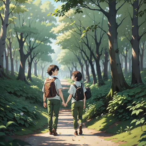 anime, garota, Floresta, mochila,From afar a girl kissing a boy in a white shirt and green pants in the forest with dried leaves on the ground and some rabbits,beijo apaixonado distante ( ( Makoto Shinkai ) ), Makoto Shinkai Cirilo Rolando, Makoto Shinkai ...