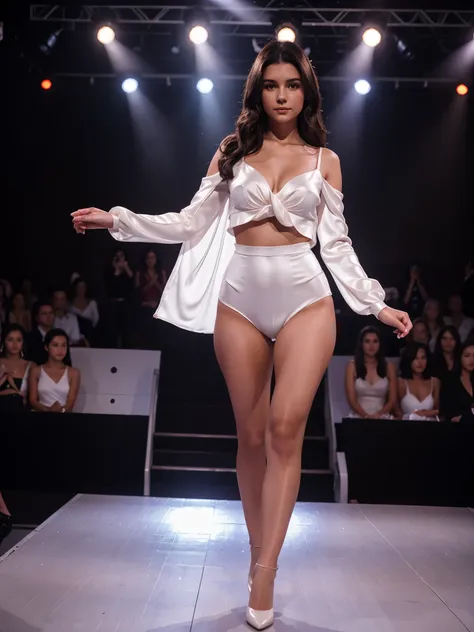 21 year old young woman with dark brown hair, walking on a mannequin stage, wear a silk soft stylish reddis and white outfit for photography of the year, small hips, 32k hud, she looking straight, picture is taken from the audience