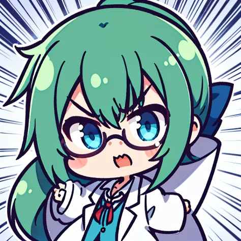 1girl,chibi,face close-up, long green pony tail, blue eyes, glasses, angry, scowl, lab coat