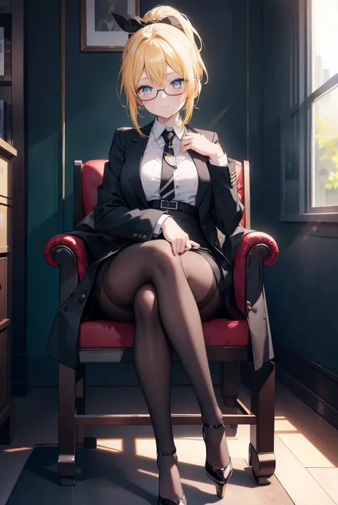 area yase, catalyst, yellow hair, blue eyes, ponytail, hair ribbon, 
ol,black abyss glasses, end, black suit jacket, collared ja...