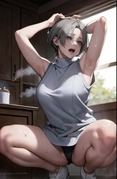 beautiful, (masterpiece:1.2), (best quality:1.2), perfect eyes, perfect face, perfect lighting, 1girl, hair covering one eye, grey sleeveless sweater, look at the viewer, (wide angle:0.8、orgasm:1.2)
,squatting,arms up,((steam,sweat、wet))、Beautiful legs、