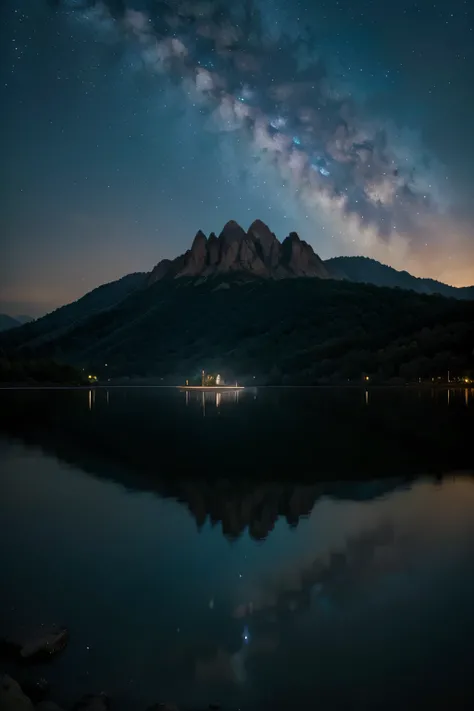 A imagem mostra uma cena noturna deslumbrante, where the starry sky stretches as far as the eye can see. Uma lua cheia brilha intensamente, casting a silvery light over a mountainous landscape. No horizonte, a series of craggy peaks rise majestically, cutt...