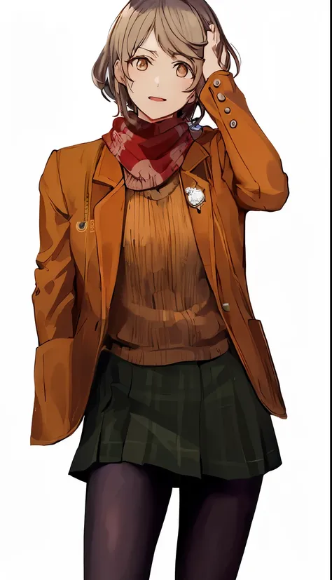 a woman in a brown jacket and a red scarf, Chiaki Nanami de Danganronpa, arte digital de danganronpa, protagonista feminina 👀 :8, roupas de detetive, roupas de professor, detalhes do corpo inteiro, ( ( arte conceitual do personagem ) ), dicas de yayoi kasu...