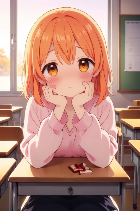 The classroom turns orange as the setting sun shines through it、（give out valentine chocolate）、blush、embarrassing、