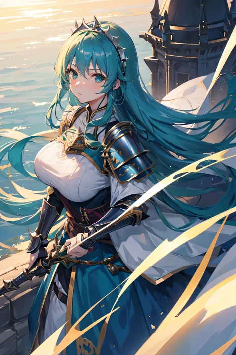 4k,High resolution,one woman,blue hair,long hair,green eyes,big breasts,Princess,Princess騎士,Princessのドレス,knight armor,heavy armor,Princessのティアラ,Night visor,long sword,medieval castle