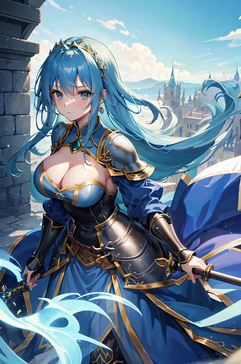 4k,High resolution,one woman,blue hair,long hair,green eyes,big breasts,Princess,Princess騎士,Princessのドレス,knight armor,heavy armor,Princessのティアラ,jewelry embellishments,long sword,medieval castle