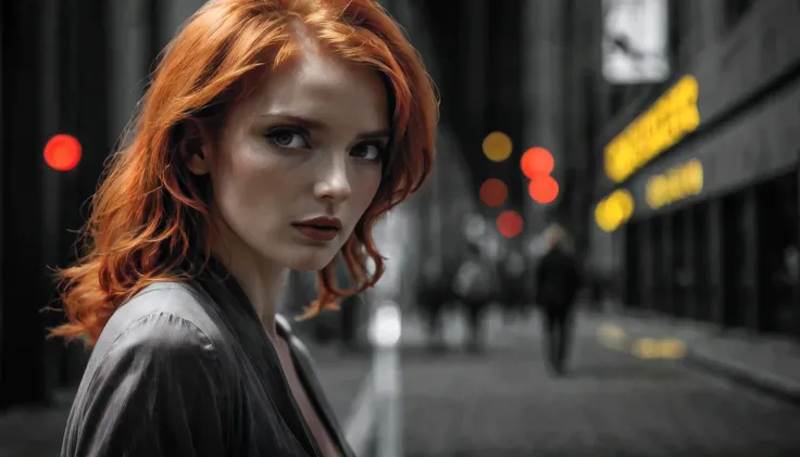 film shot, movie shot of beautiful female with red hair in sin city, ((selective color):1.2), noir movie, smooth lines; express ...