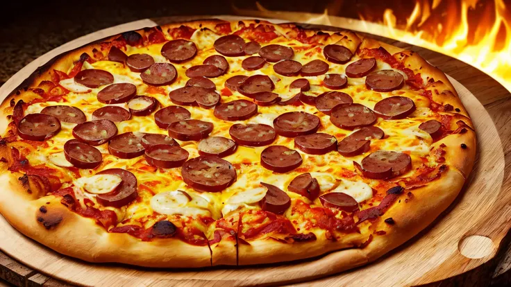 realistic epic, baked pizza with sausage slices and lots of melted cheese, cooking, realistic rendering, dramatic lighting obra ...