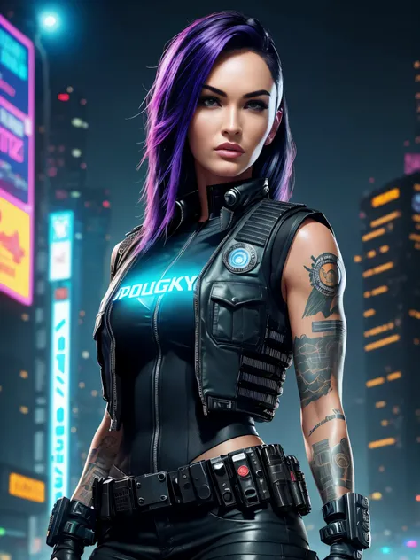 Megan Fox wearing cyberpunk police uniform, mohawk hair style,((())),((cyberpunk  police uniform)), ((Cyberpunk City background)),((excellent draw eyes)),police long shirt,((night city)), official art, beautiful and aesthetic:1.2), (gorgeous face),detailed...