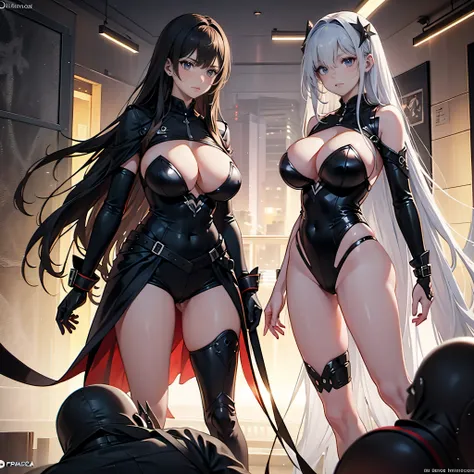 Two serious women wearing black technological dress in combat pose , uma mulher de longos cabelos negros contra uma mulher palida de cabelos brancos longos, peitos grandes, seios grandes, Buceta, bunda grande, duas mulheres vs., seios grandes gigantes, dec...