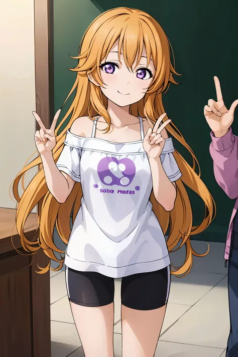 (best quality, masterpiece:1.2), (1girl, solo:1.2), cute, smile,  detailed background, (looking at viewer, solo focus:1.2), 
Konoe kanata, long hair, straight hair, purple eyes, blonde hair, off shoulder, spaghetti strap, purple t-shirt, short sleeves, bla...