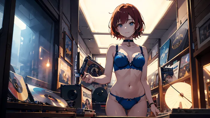 18 year old girl, short red hair, big sad eyes, sweet smile, small breasts, thin hips, choker collar, blue bra, blue panties, standing, open door, open window, record store, vinyl, turntable,  evening, nighttime, dramatic lighting, cinematic lighting, mast...