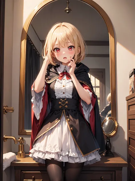 ((put your hand on your face)), ((surprised)), (Looking at the front)), (blush), 1 girl, 、young、Chibi、blonde, red eyes, braided hair, bob cut, Fantasy style neat costume, wizard, frills, robe, long skirt, tights, black cloak, sink, Bathroom, mirror, concep...