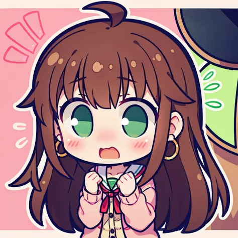 1girl,chibi,face close-up, wavy brown hair, green eyes, moles under eye, blush, shy, hoop earrings, pink cardigan, flustered, long hair, dark brown hair, completely red, ((shock))