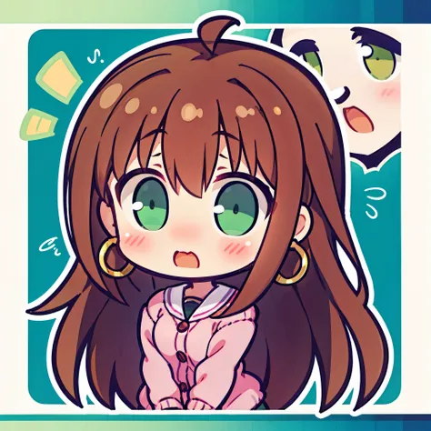 1girl,chibi,face close-up, wavy brown hair, green eyes, moles under eye, blush, shy, hoop earrings, pink cardigan, flustered, long hair, dark brown hair, completely red, ((shock))