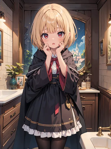 ((put your hand on your face)), ((surprised)), (Looking at the front)), (blush), 1 girl, 、young、Chibi、blonde, red eyes, braided hair, bob cut, Fantasy style neat costume, wizard, frills, robe, long skirt, tights, black cloak, sink, Bathroom, mirror, concep...