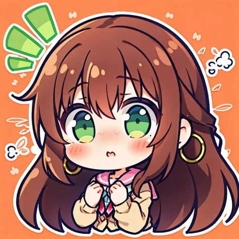 1girl,chibi,face close-up, wavy brown hair, green eyes, moles under eye, blush, shy, hoop earrings, pink cardigan, flustered, long hair, dark brown hair, completely red, ((shock))
