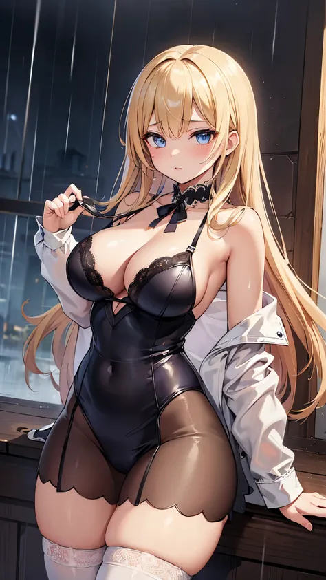 (((masterpiece))), ((best quality)), detailed, solo, 1girl, lingerie, stockings, seductive pose,(rain), breast curtains,Aiz Wallenstein, blond hair, amber eyeeasterpiece), detailed eyes, best resolution, ultra HD 