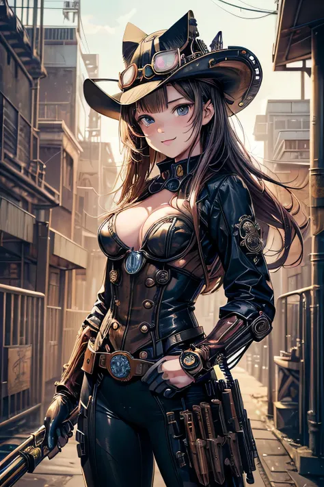 (comic book style),(line drawing_anime),(cowboy shot, highest quality, ),(Laura Budd Photo:1.2),(Laura Add Details:1.0),8k, flat color:0.8,1 girl,smile、(Highly decorative and complex mechanical steampunk fashion, lace flare dolphin hat、goggles 1.5、machiner...