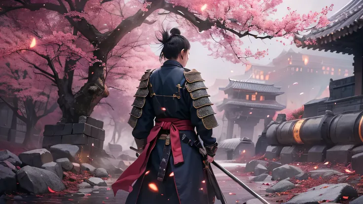 Young samurai warrior 25 years old in stone ruins walking next to sakura trees with petals falling, Vestido con armadura samurai roja y negra con una x dorada en la espalda de la armadura, , leyenda, Watercolor technique, soft lighting, Ethereal art, Miste...