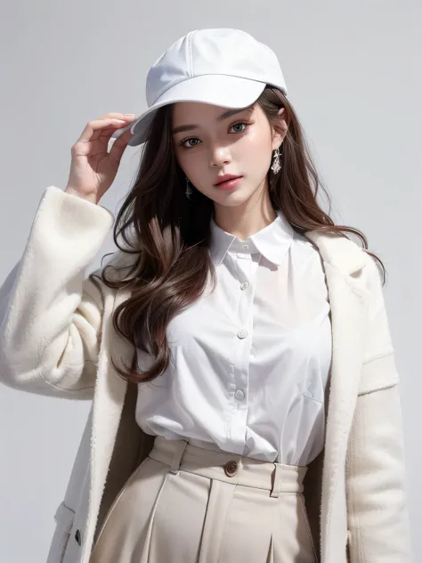 (highest quality, High resolution, masterpiece :1.3), beautiful adult woman, Long contour, ((pure white background)), (Plaid coat, shirt, wide pants, have), (loose wavy bob hair), ((Accurately express details such as faces and skin textures)), take a pose,