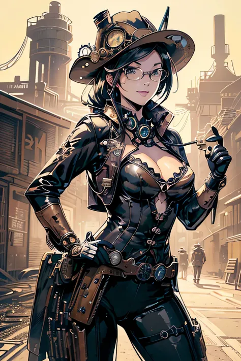 (comic book style),(line drawing_anime),(cowboy shot, highest quality, ),(Laura Budd Photo:1.2),(Laura Add Details:1.0),8k, flat color:0.8,1 girl,smile、(Highly decorative and complex mechanical steampunk fashion, lace flare dolphin hat、goggles 1.5、machiner...