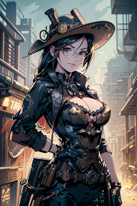 (comic book style),(line drawing_anime),(cowboy shot, highest quality, ),(Laura Budd Photo:1.2),(Laura Add Details:1.0),8k, flat color:0.8,1 girl,smile、(Highly decorative and complex mechanical steampunk fashion, lace flare dolphin hat、goggles 1.5、machiner...