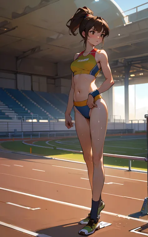 ((Masterpiece)), ((Best Quality)),Ultra High Resolution, Caustics, Detailed, Beautiful Detailed Eyes, solo, (athletics stadium, track and field athlete),20 year old beauty、( separate, bloomers ,show off belly),slender body, ideal ratio body proportions,swe...