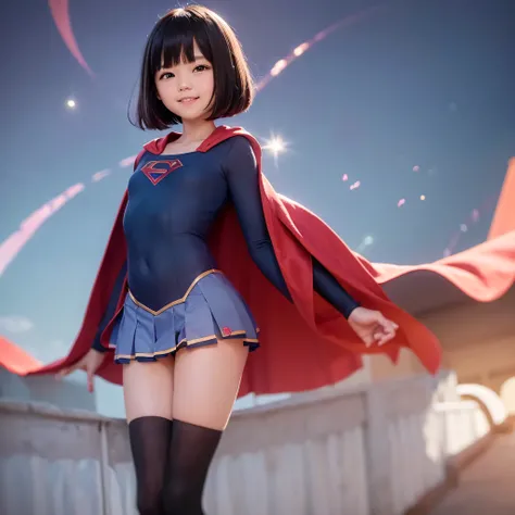 Easter piece where elementary school students wear Supergirl clothes、highest quality、Spreading black hair、bob cut with trimmed ends、(flat chest)、lolicon、red cloak、short sleeve、pink heart shaped particles、Rooftop background with pool、whole body、smile、High l...