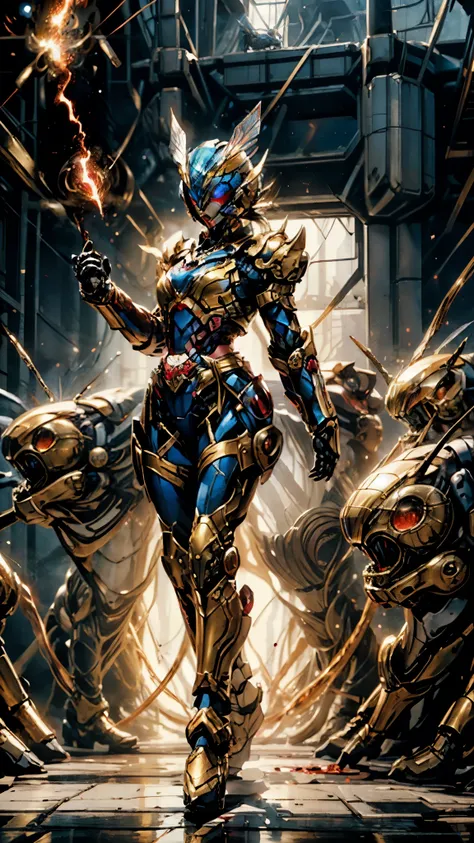 A woman adorned in fantasy-style full-body armor, a crown-concept fully enclosed helmet that unveils only her eyes, a composite layered chest plate, fully encompassing shoulder and hand guards, a lightweight waist armor, form-fitting shin guards, the overa...