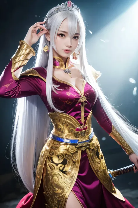 (Sword-wielding Woman),(Dynamic swordsman pose,has a sword hilt),absurdly,highest quality,Super detailed,masterpiece,real,写真real,the lighting is bright,beautiful girl, Alone, (((Charming bright natural platinum white super long straight silky hair))), beau...