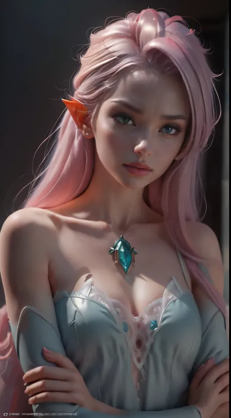 Elfgirl (N:18dragonballz-Elsa frozen Disney  mezclando modelos .) (ultra FUSION of white and pink hair) Highly detailed CG unity 8k wallpaper, style shot, complex, high detail, dramatic, highest quality movie still image, very detailed, masterpiece, best q...