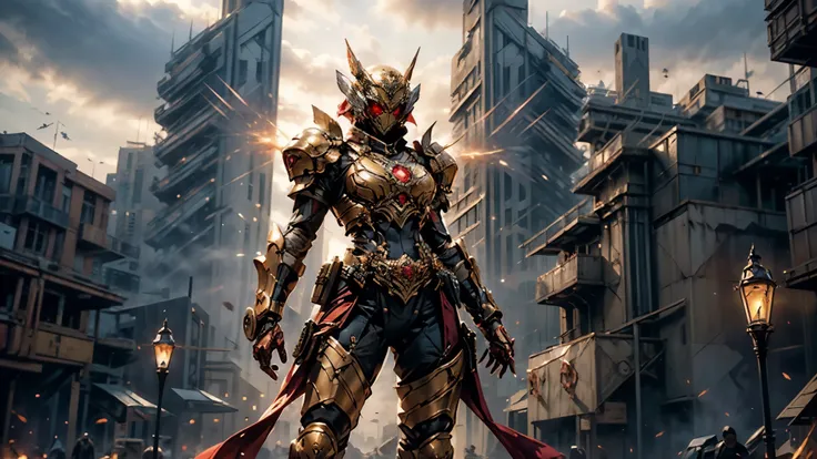 A woman adorned in fantasy-style full-body armor, a crown-concept fully enclosed helmet that unveils only her eyes, a composite layered chest plate, fully encompassing shoulder and hand guards, a lightweight waist armor, form-fitting shin guards, the overa...