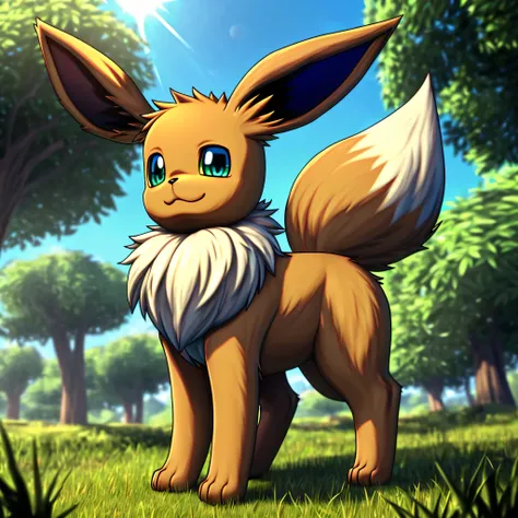 solo ((chibi quadruped feral eevee)), (three-quarter portrait), ((detailed fluffy fur)), (sunny day forest, sunlight, plant), BREAK, (masterpiece, best quality, ultra realistic, 4k, 2k, (intricate:0.9), (high detail:1.2), (3d (artwork):1.25), blender (soft...