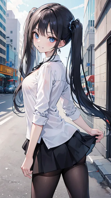 (8K、Highest image quality、highest quality、masterpiece)、detailed face、1 girl、black hair、twintails、light blue eyes、earrings、evil smile、((grin))、((small breasts))、((white shirt))、((open clothes))、cleavage、((((black micro miniskirt))))、((black pantyhose))、cowb...