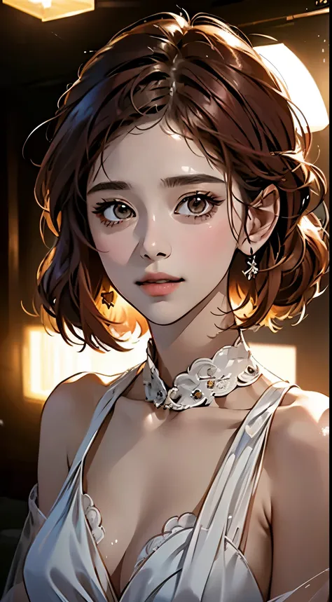 night, original photography, (((very beautiful portrait))), (very beautiful portrait))), 1 girl, Sexy 25 year old girl, ((Natural brown short hair)), [brown eyes],A gentle smile stares into the camera(split), ((masterpiece, best quality, Ultra-detailed, Ci...