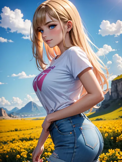 (masterpiece, best quality:1.4), (8K), Young brunette beauty, (((18 years old, neat girl))), detailed blue eyes, long eyelashes, blush, kind smile, upper body, covered large breasts, (pink t-shirt), denim short shorts, (from side), (looking at viewer), bea...