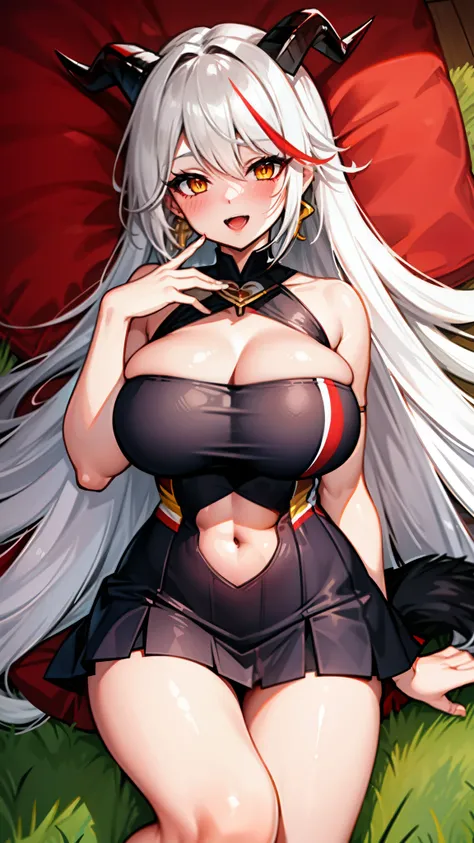 open mouth, huge breasts, looking at the audience, white hair,,long hair,black horn,red multicolored hair,yellow eyes,,slim,　,cowboy shot,,blush,bright　screen,smile,bare shoulder,cheerleader,cleavage,lying,dakimakura,,wet,close up,on bed,navel