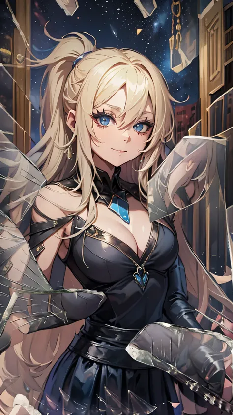 最high quality、best image quality、masterpiece、teenage girl((20-year-old、 By becoming、vest bust、medium bust,wide open breast tea、shining eyes, blonde hair、long hair、thin,highest valley、ponytail、bartender costume skirt、holding a wine bottle、smile、black gloves...