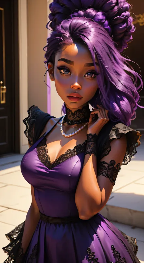 (best quality,4k,8k,highres,masterpiece:1.2),ultra-detailed,realistic:1.37,a black girl with purple hair and eyes,purple,luxurious purple lace dress,pearl necklace