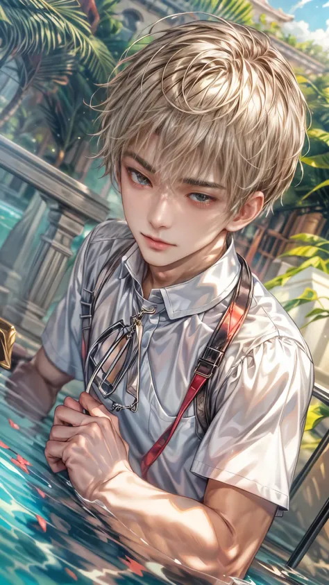 (absurdres, highres, ultra detailed, HDR), masterpiece, intricate, best quality, close-up portrait of a handsome anime character from ayashino ceres, short hair, original hair, captivating scene , boy enjoying a luxurious poolside. happy face, topless, Inc...