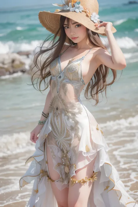 master piece , best quality , detailed , 1 person, dresses , standing , armpit , from front , beach