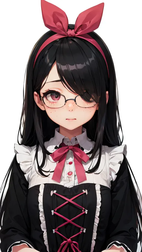 (((Pink Gothic Lolita、large ribbon on the head、frills、))、15 year old junior high school girl、、low length、((((Eyes hidden by long bangs:1.2))))、((freckles))((((long black hair:1.2　hair band))))(((black rim glasses:1.2　black eye)))、city、shopping、looking here...