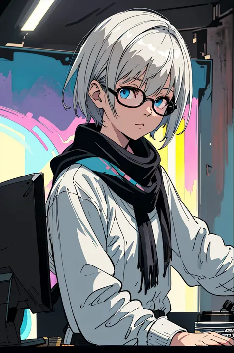 (dark shot:1.1), epic reality, halo portrait, sunglasses, blue eyes, tartan scarf, 《white hair》author：atey ghailan, by greg Rutkoski, author：Greg Tocchini, author：James Gillard, by Joe Fenton, by Kathy Butcher, Gradient yellow, Black, Brown and magenta col...