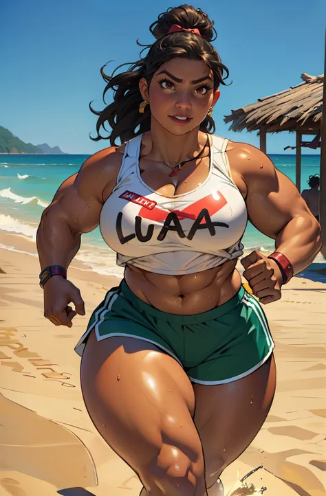 ((Luisa Madrigal from Disneys Encanto)), dark skin ((1 girl)) ((((fat)))), huge tits, ((thick thighs)) (wide hips) ((toned body)) (((long abs))) ((curvy)) (thick thighs)) (dark skin) huge lips, black hair very long hair, ((lifeguard outfit)), sleeveless cr...