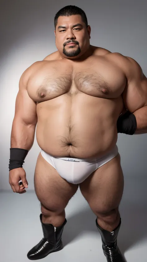 black hair, middle-aged man, individual, male, Muscular wrestler, muscular, Stout wrestler, Asian, Japanese, uncle, 55 year old middle-aged man, short hair, short hair, white wrestling boots, full body portrait, shadow, Vision, white briefs, obesity, 45 ye...