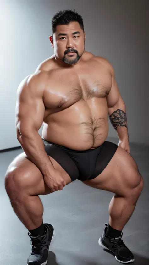 black hair, middle-aged man, individual, male, Muscular wrestler, muscular, Stout wrestler, Asian, Japanese, uncle, 55 year old middle-aged man, short hair, short hair, white wrestling boots, full body portrait, shadow, Vision, white briefs, obesity, 45 ye...