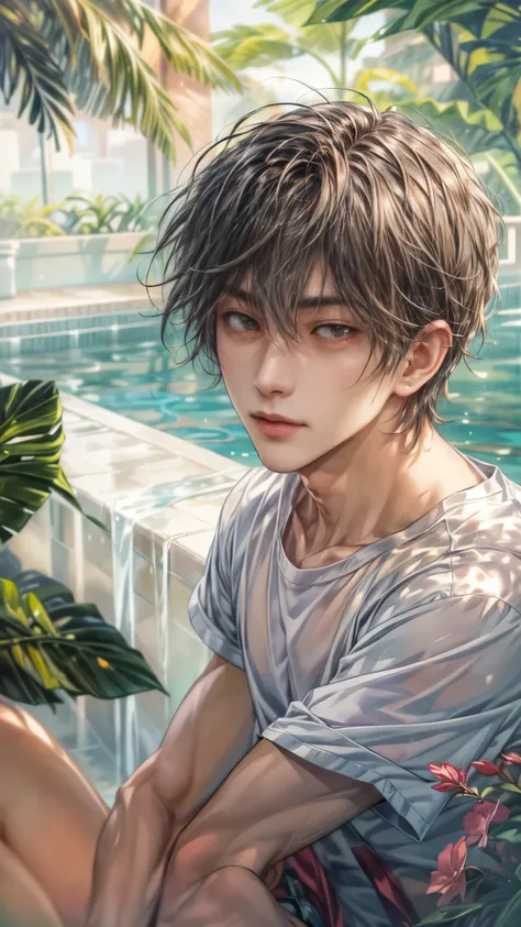 (absurdres, highres, ultra detailed, HDR), masterpiece, intricate, best quality, close-up portrait of a handsome anime character from ayashino ceres, short hair, original hair, captivating scene , boy enjoying a luxurious poolside. happy face, topless, see...