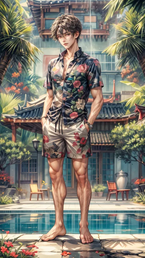 (absurdres, highres, ultra detailed, HDR), masterpiece, intricate, best quality, close-up portrait of a handsome anime character from ayashino ceres, short hair, original hair, captivating scene , boy enjoying a luxurious poolside. happy face, topless, see...